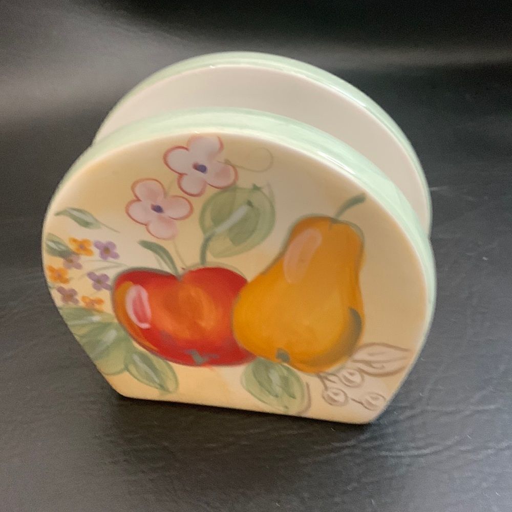 Home Apple Pear Floral Leaves County Kitchen Painted Ceramic Napkin Holder Used